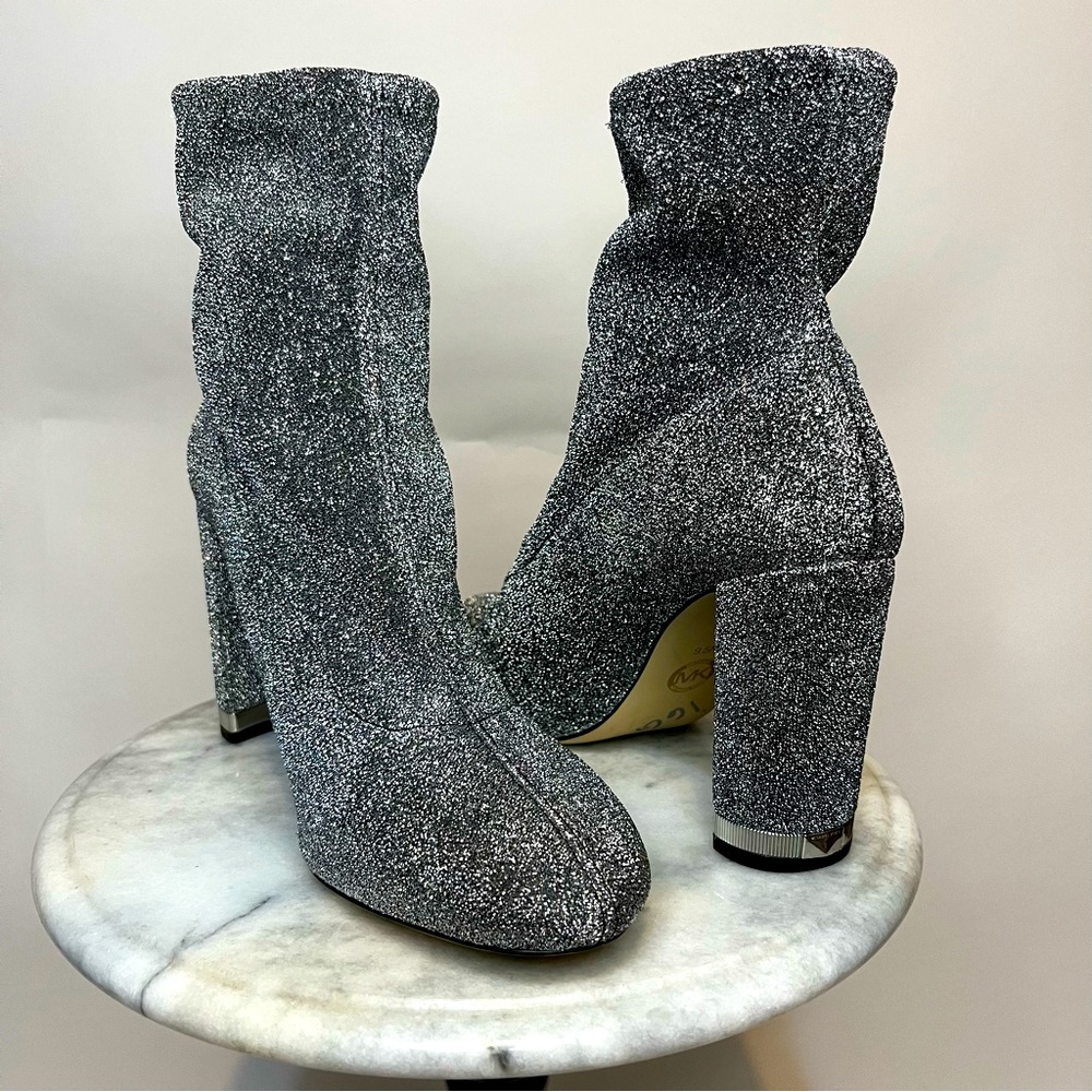 Michael Kors Mandy Sock Boot, stretch-knit MK glitter chunky heel boots